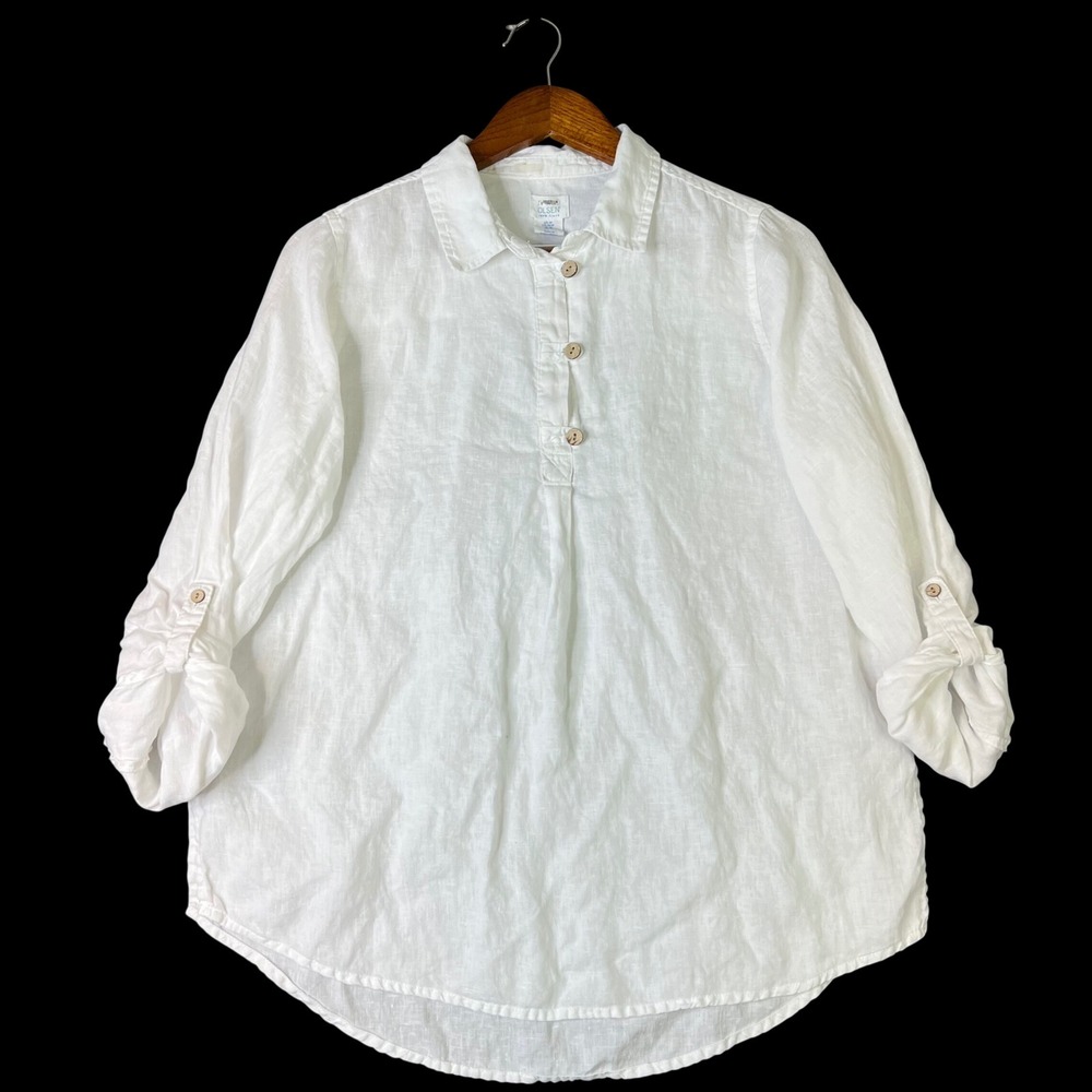 Sigrid Olsen 100% Linen Roll Tab Sleeve Button Down Shirt Womens Size M White